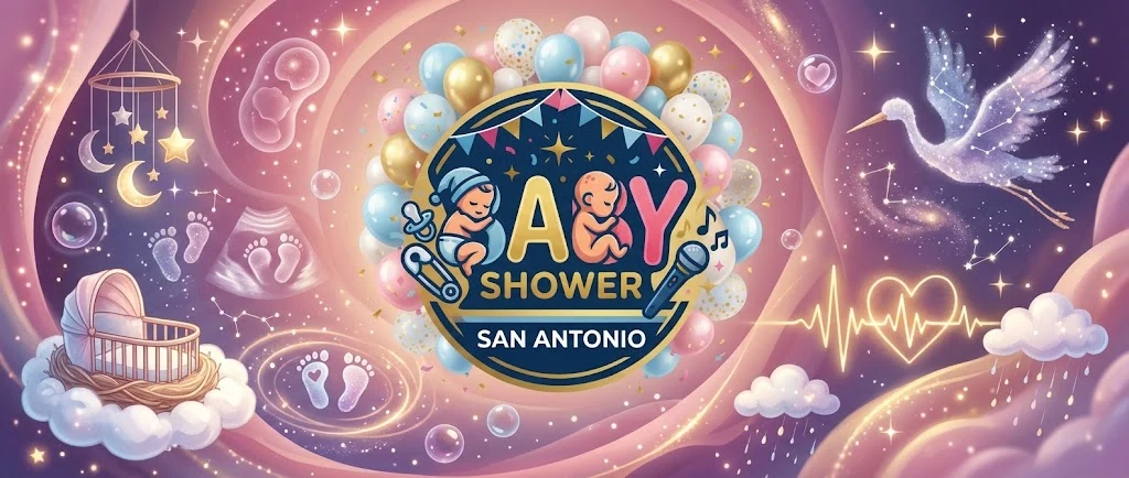 Baby Shower San Antonio banner with pink and blue balloons, golden stars, a cradle and a stork